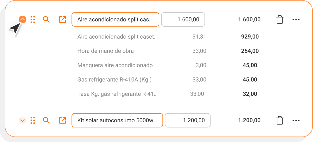 productos compuestos en presupuestos