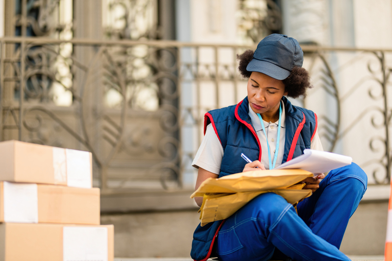 Black female courier taking notes going through delivery list. ocr para albaranes